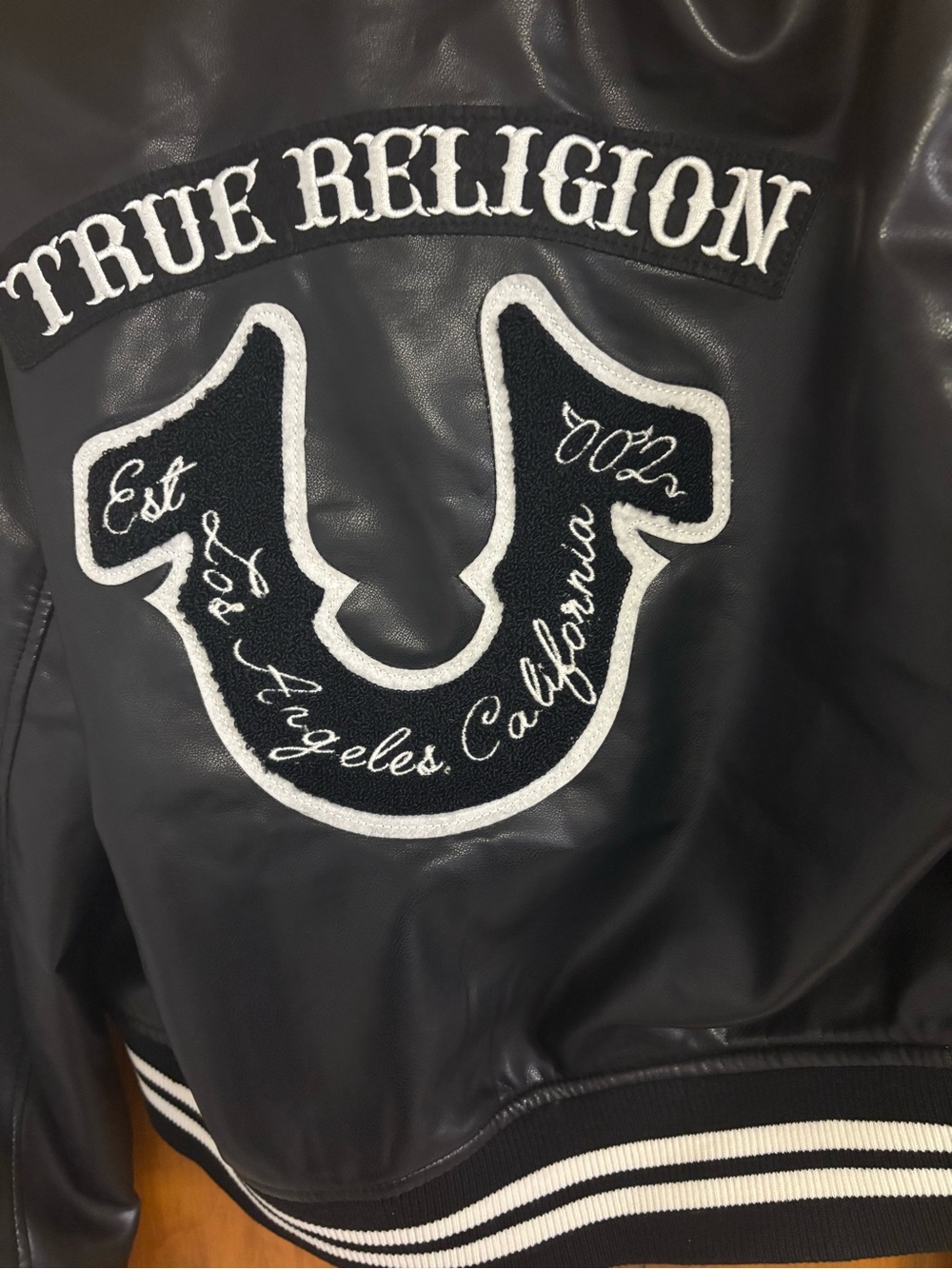 NWT True Religion Black Faux Leather Varsity Jacket